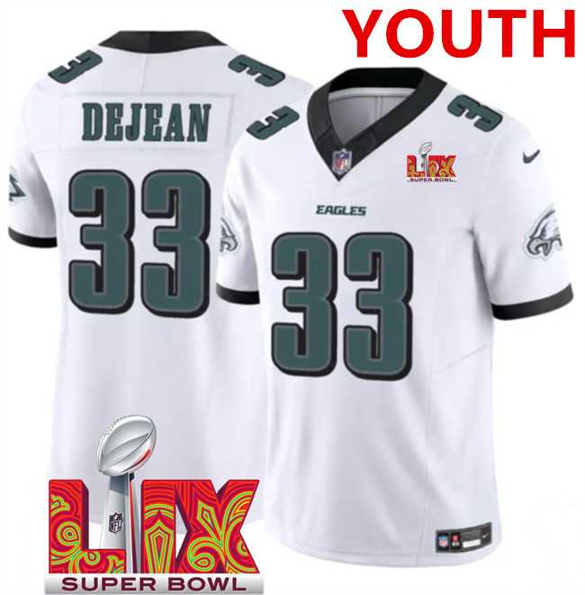 Youth Philadelphia Eagles #33 Cooper DeJean White 2025 Super Bowl LIX Patch New F.U.S.E. Vapor Untouchable Limited Stitched Jersey